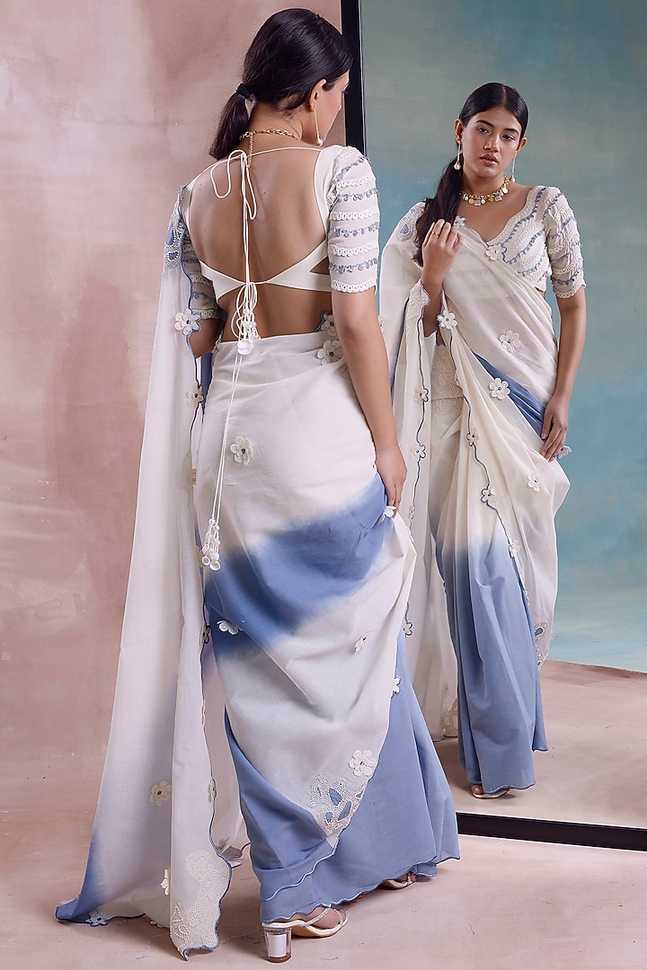 Ivory & Cerulean Organic Cotton Patchwork Scalloped Ombre Party Wear Saree Set by Shwetanga at Pernia's Pop Up Shop