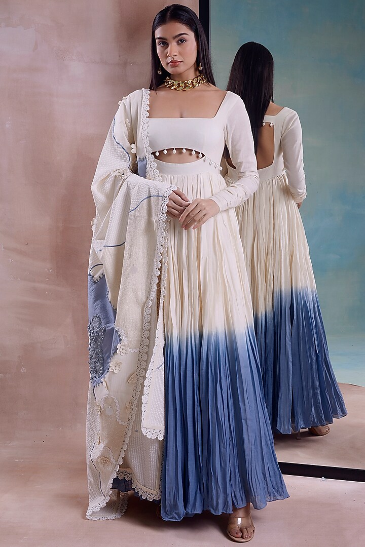 Ivory & Cerulean Crushed Organic Cotton Ombre Kalidar Anarkali Set by Shwetanga at Pernia's Pop Up Shop