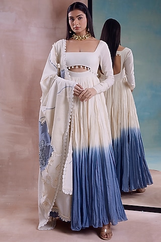 Ivory & Cerulean Crushed Organic Cotton Ombre Kalidar Anarkali Set by Shwetanga