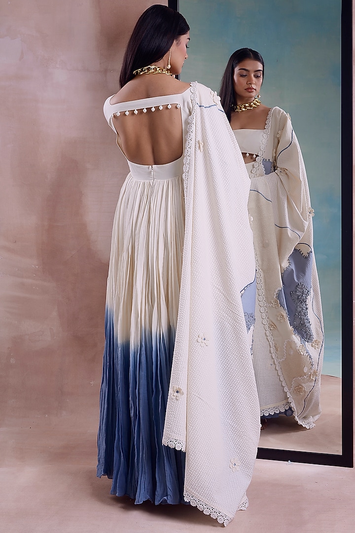 Ivory & Cerulean Crushed Organic Cotton Ombre Kalidar Party Wear Anarkali Set by Shwetanga at Pernia's Pop Up Shop