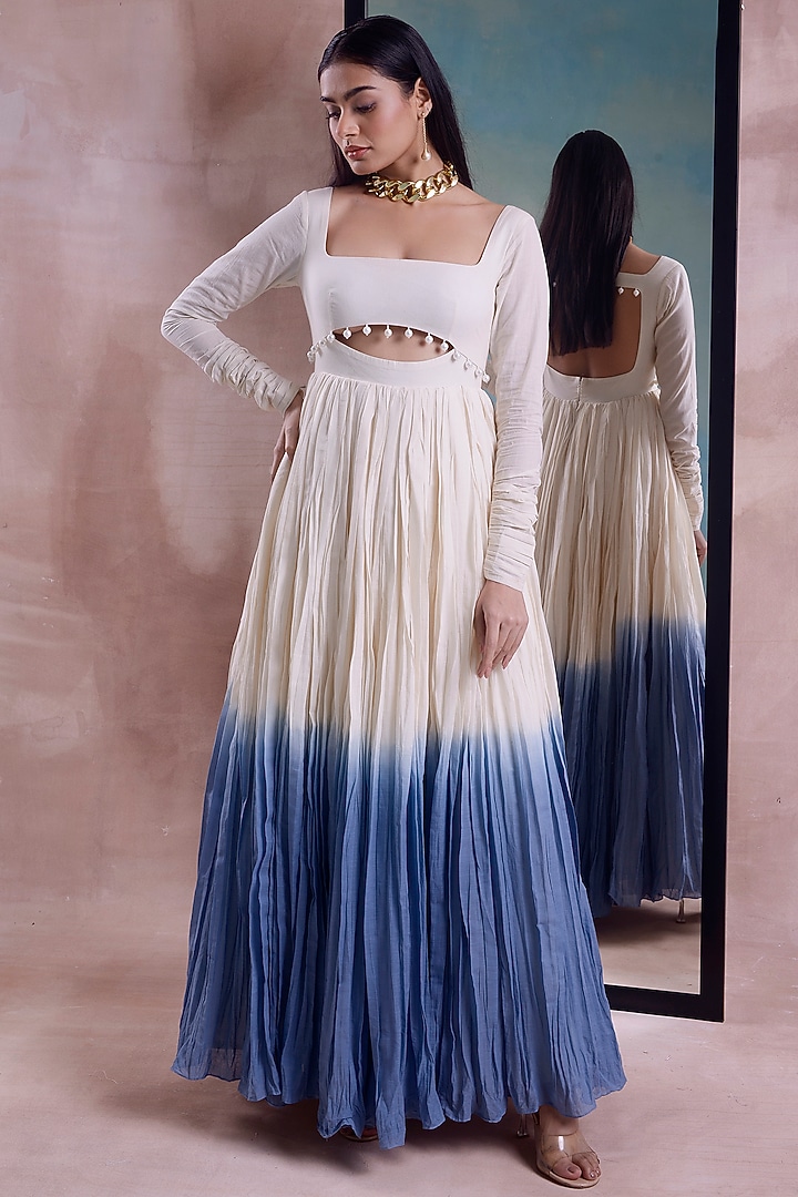 Ivory & Cerulean Crushed Organic Cotton Ombre Kalidar Party Wear Anarkali Set by Shwetanga at Pernia's Pop Up Shop