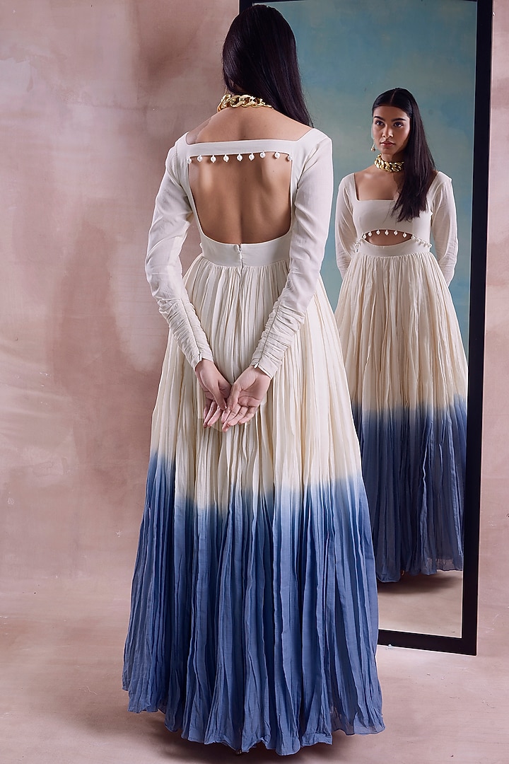 Ivory & Cerulean Crushed Organic Cotton Ombre Kalidar Party Wear Anarkali Set by Shwetanga at Pernia's Pop Up Shop