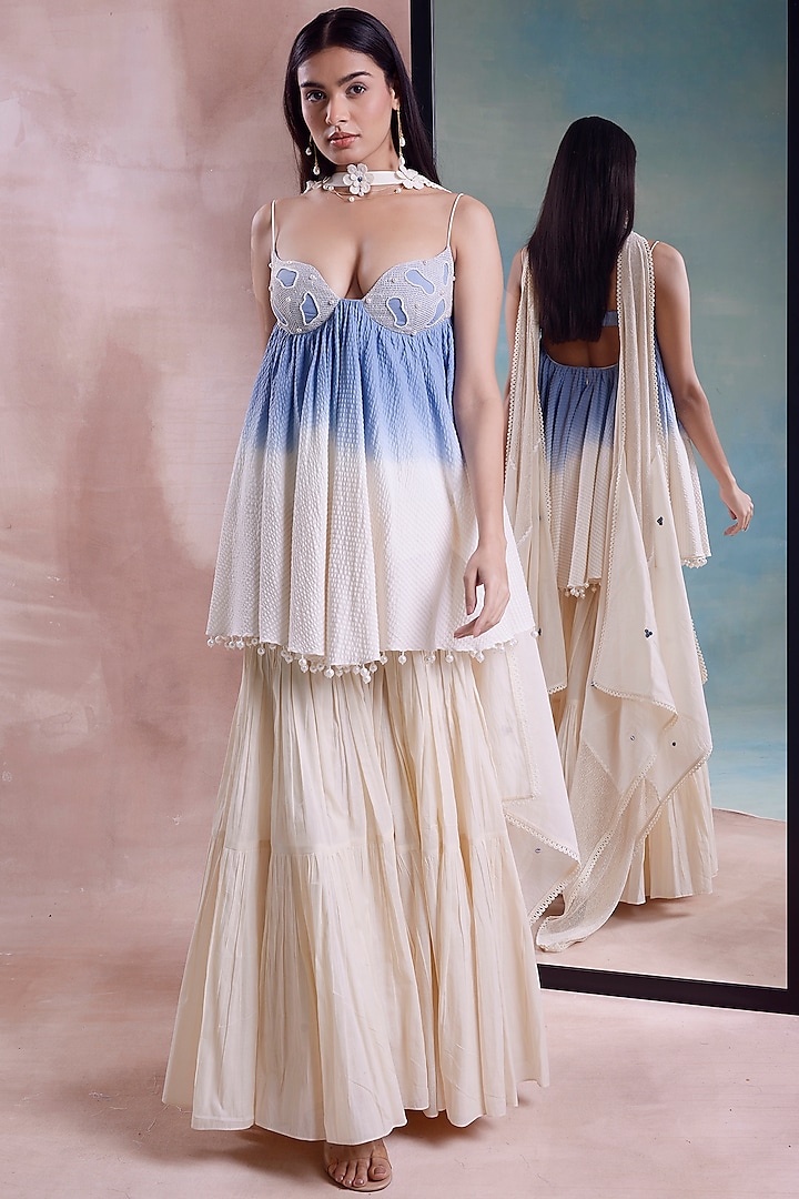 Ivory Organic Cotton Tiered Party Wear Sharara Set by Shwetanga at Pernia's Pop Up Shop
