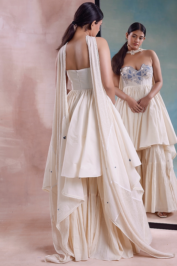 Ivory Organic Cotton Tiered Party Wear Sharara Set by Shwetanga at Pernia's Pop Up Shop