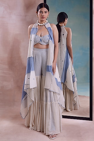 Ivory & Cerulean Mesh Tiered Sharara Set by Shwetanga