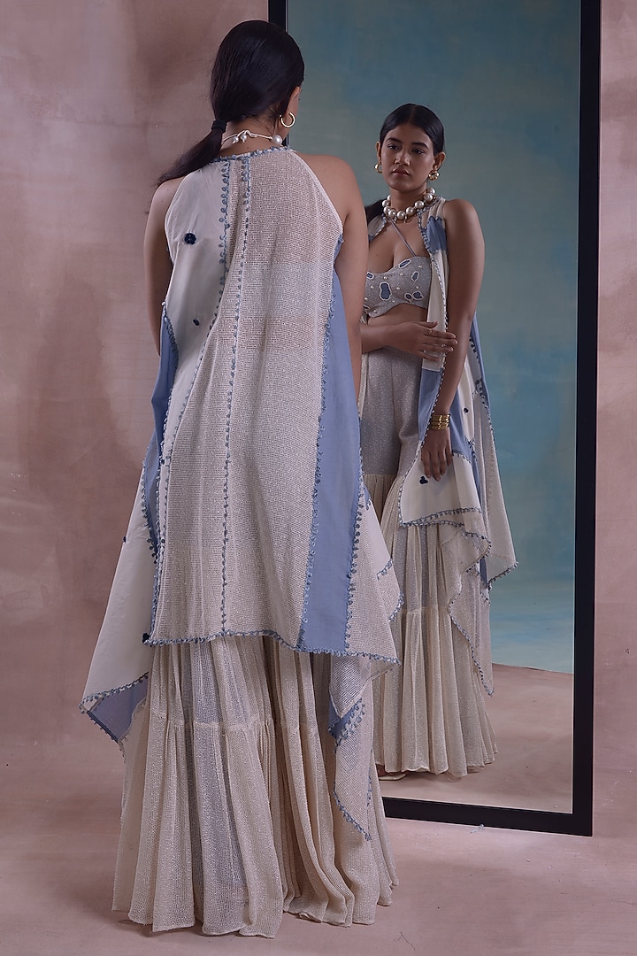 Ivory & Cerulean Mesh Tiered Party Wear Sharara Set by Shwetanga at Pernia's Pop Up Shop