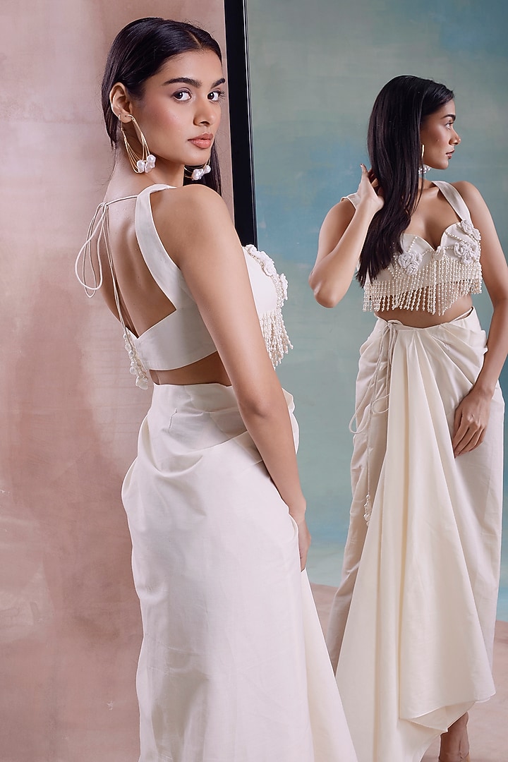Ivory Organic Cotton Wrap Draped Skirt Set by Shwetanga at Pernia's Pop Up Shop