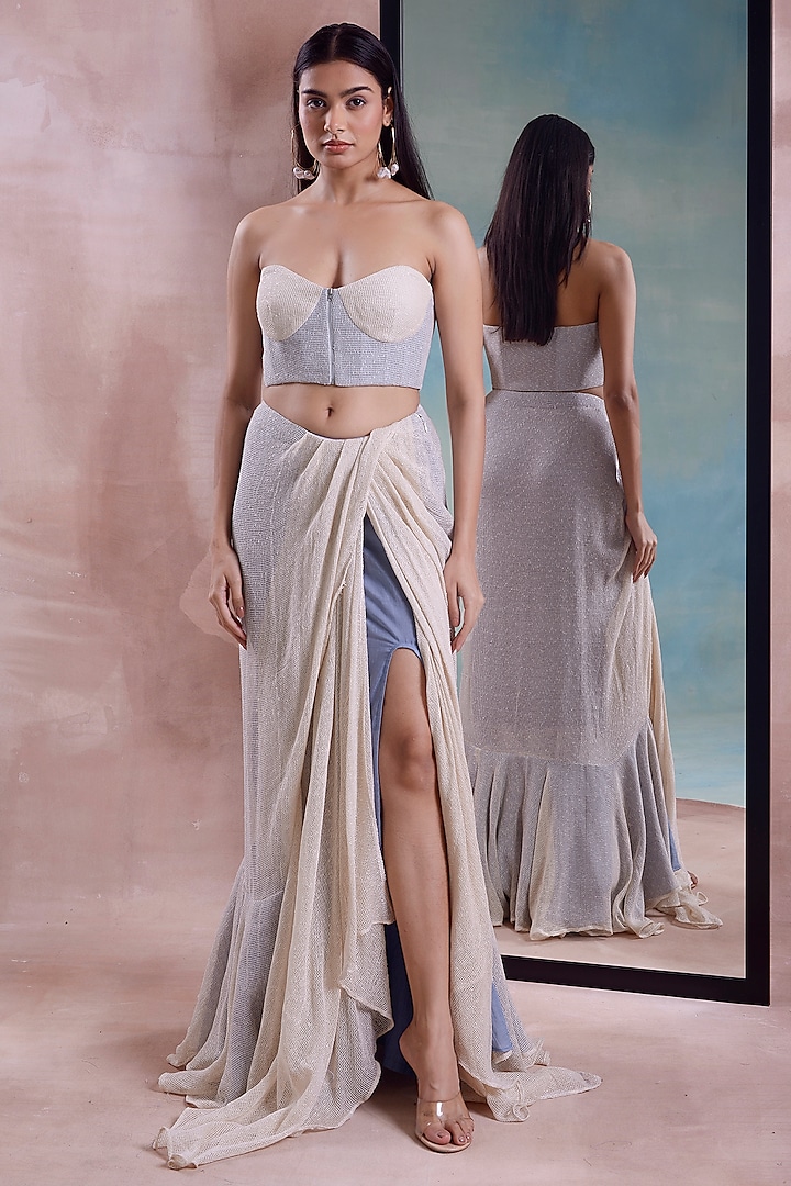 Ivory & Cerulean Mesh Draped Skirt Set by Shwetanga at Pernia's Pop Up Shop