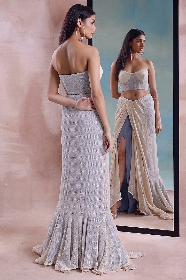 Ivory & Cerulean Mesh Draped Skirt Set by Shwetanga at Pernia's Pop Up Shop