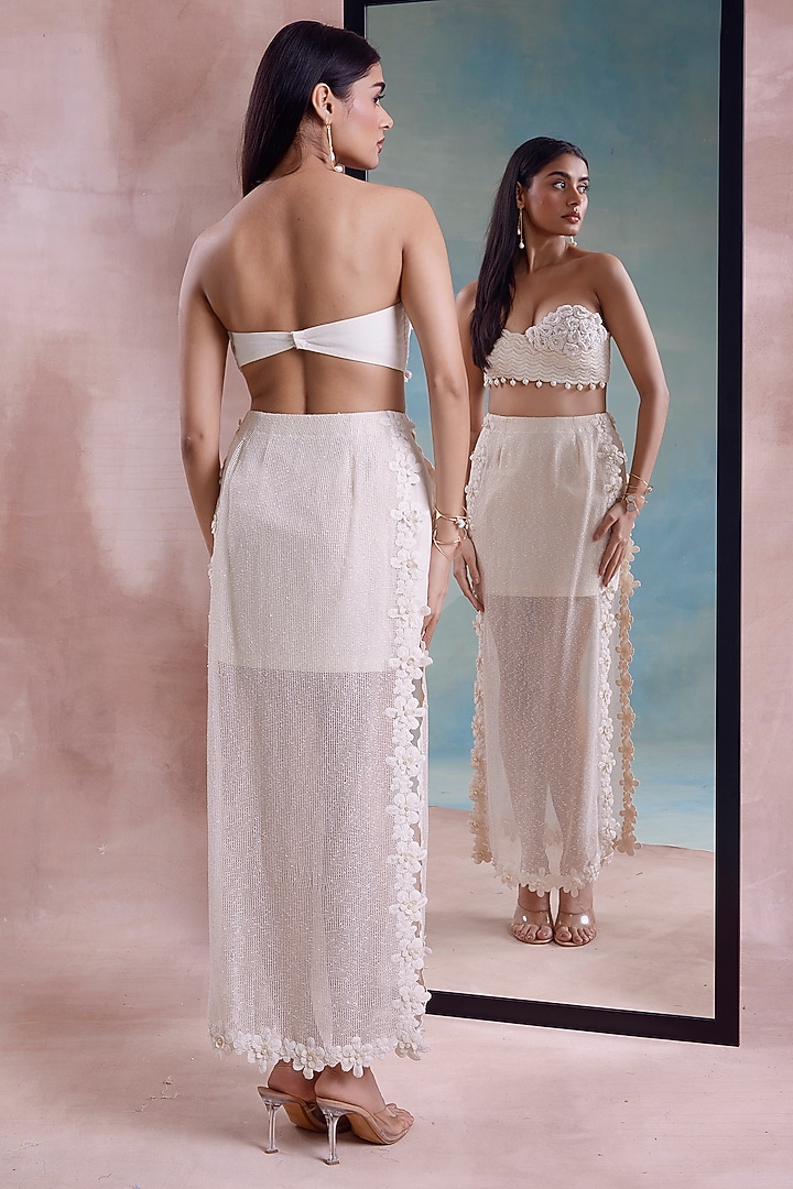 Ivory Mesh Layered Scalloped Straight Skirt Set by Shwetanga at Pernia's Pop Up Shop