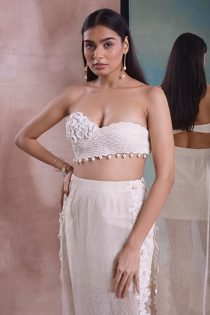 Ivory Mesh Layered Scalloped Straight Skirt Set by Shwetanga at Pernia's Pop Up Shop