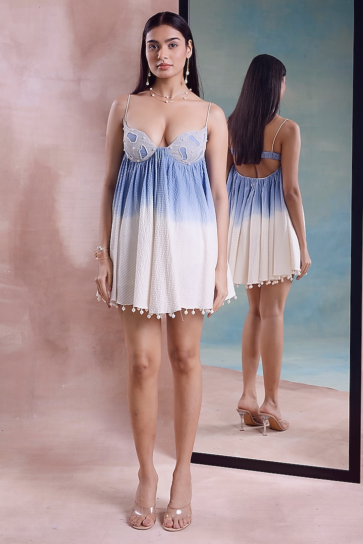 Ivory & Cerulean Organic Cotton Ombre Flared Mini Dress by Shwetanga at Pernia's Pop Up Shop