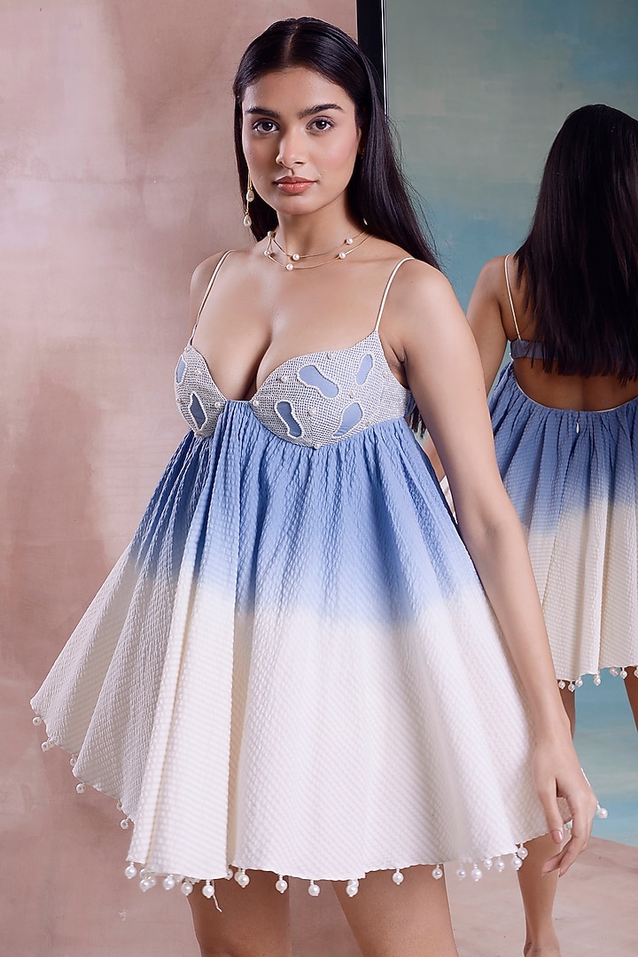 Ivory & Cerulean Organic Cotton Ombre Flared Mini Vacation Dress by Shwetanga at Pernia's Pop Up Shop