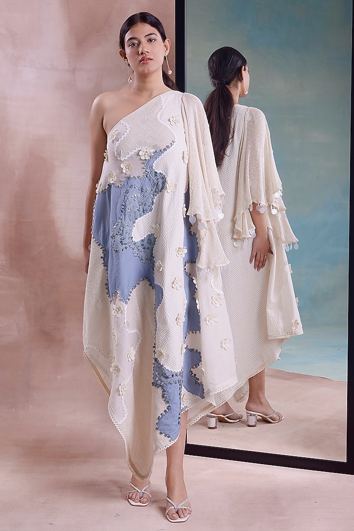 Ivory & Cerulean Organic Cotton One-Shoulder Scarf Dress by Shwetanga