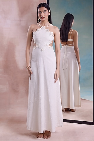 Ivory Seersucker Strappy Scalloped Dress by Shwetanga