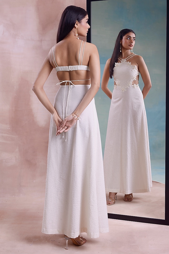 Ivory Seersucker Strappy Scalloped Summer Dress by Shwetanga at Pernia's Pop Up Shop