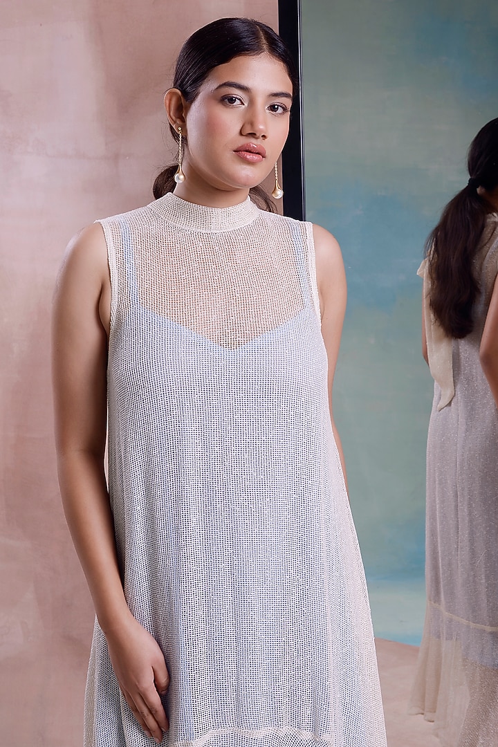 Ivory Organic Cotton & Mesh High-Low A-Line Summer Dress by Shwetanga at Pernia's Pop Up Shop