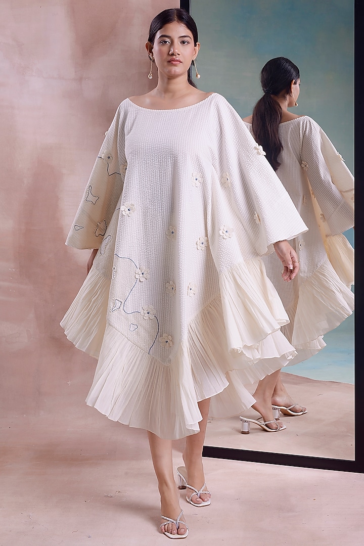 Ivory Organic Cotton Patchwork Embroidered Pleated Kaftan Dress by Shwetanga