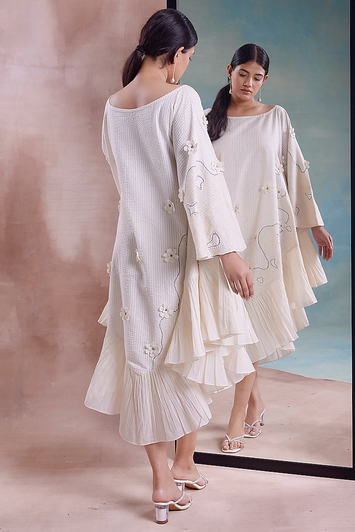Ivory Organic Cotton Patchwork Embroidered Pleated Kaftan Vacation Dress by Shwetanga at Pernia's Pop Up Shop