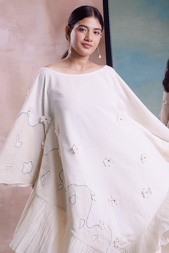 Ivory Organic Cotton Patchwork Embroidered Pleated Kaftan Vacation Dress by Shwetanga at Pernia's Pop Up Shop