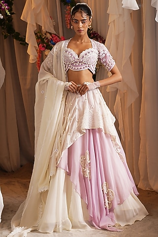 Ivory & Lavender Organza Layered Scarf Lehenga Set by Shwetanga