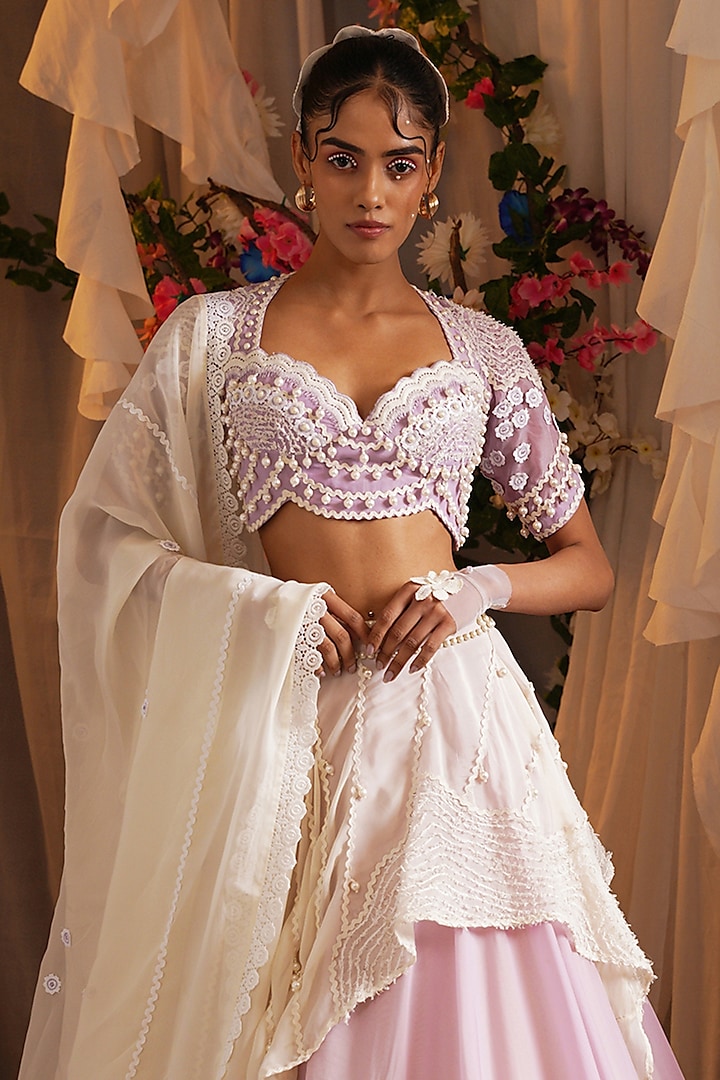 Ivory & Lavender Organza Layered Scarf Wedding Lehenga Set by Shwetanga at Pernia's Pop Up Shop