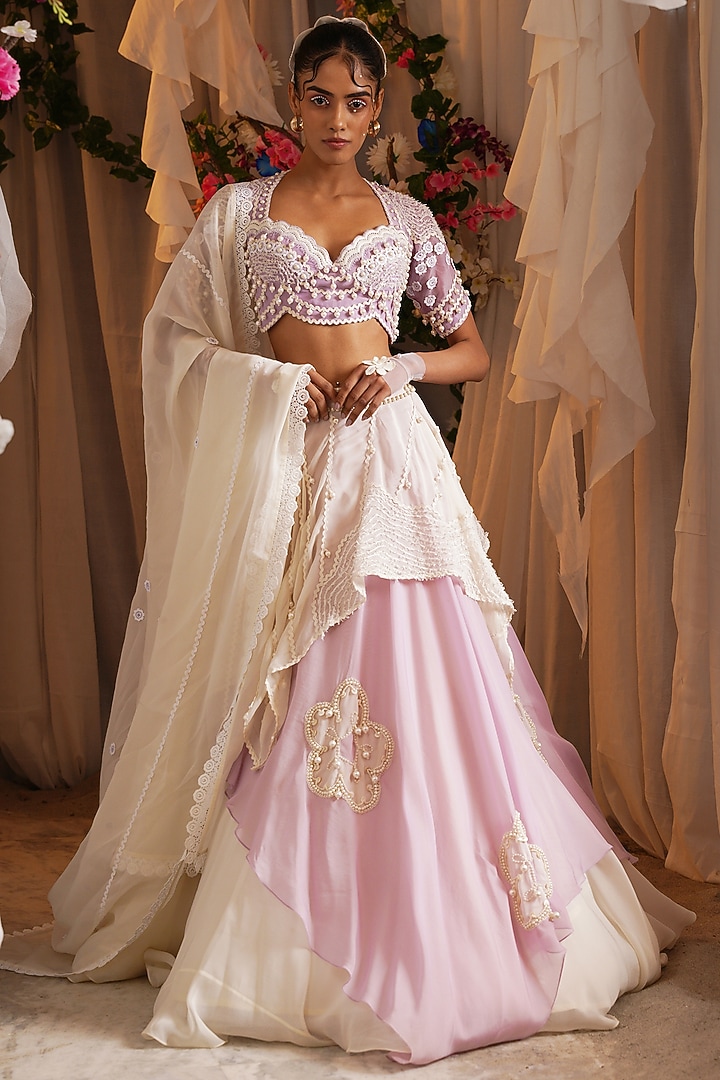 Ivory & Lavender Organza Layered Scarf Wedding Lehenga Set by Shwetanga at Pernia's Pop Up Shop