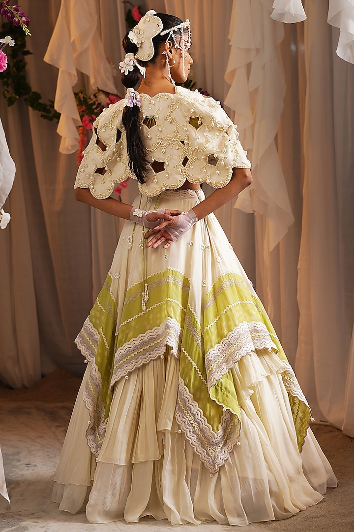 Ivory & Ocado Green Organza Tiered Scarf Wedding Lehenga Set by Shwetanga at Pernia's Pop Up Shop