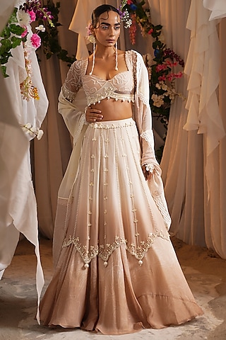 Ivory & Rosy Brown Ombre Organza Pearl Embroidered Lehenga Set by Shwetanga