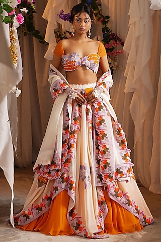 Ivory & Tangerine Organza Floret Scarf Lehenga Set by Shwetanga