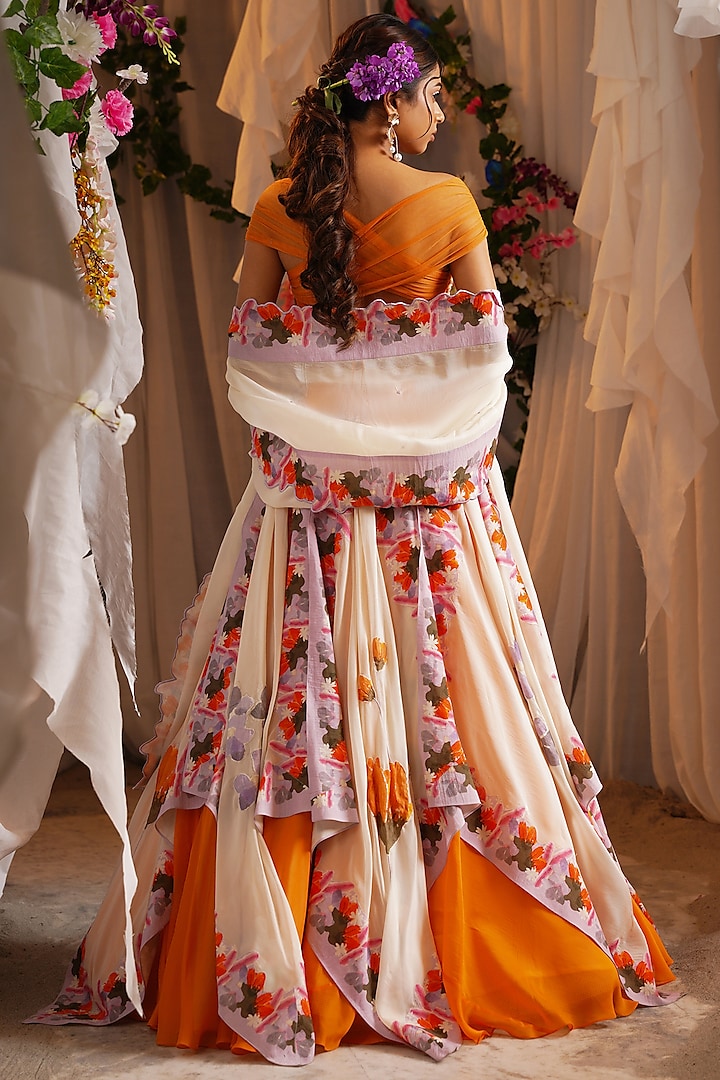 Ivory & Tangerine Organza Floret Scarf Wedding Lehenga Set by Shwetanga at Pernia's Pop Up Shop
