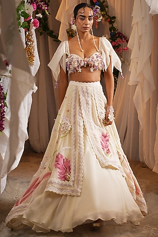 Ivory Cotton & Organza Overlap Scarf Lehenga Set by Shwetanga
