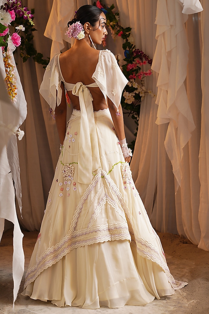 Ivory Cotton & Organza Overlap Scarf Wedding Lehenga Set by Shwetanga at Pernia's Pop Up Shop