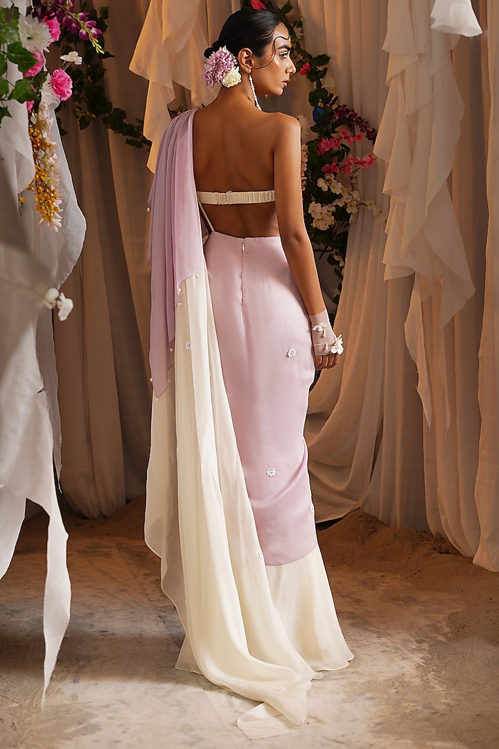 Ivory & Lavender Organza Draped Party Wear Saree Set by Shwetanga at Pernia's Pop Up Shop