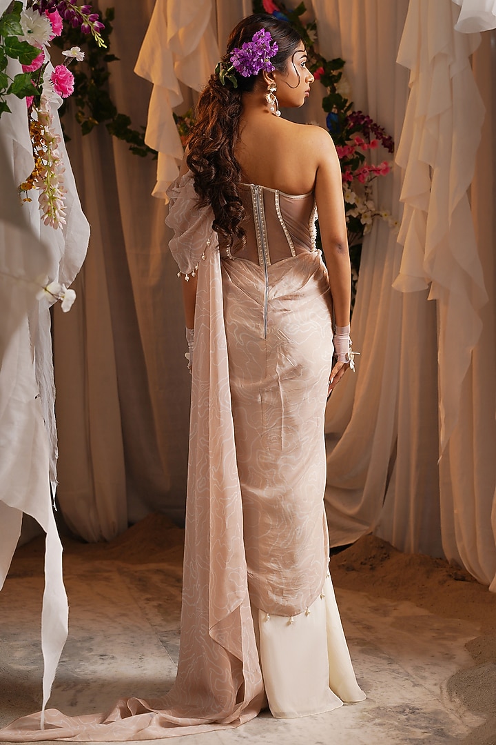Ivory & Rosy Brown Cotton Printed Corset Wedding Gown Saree by Shwetanga at Pernia's Pop Up Shop