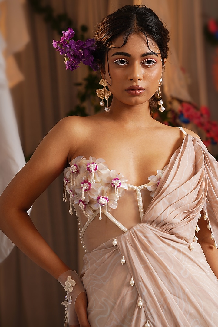 Ivory & Rosy Brown Cotton Printed Corset Wedding Gown Saree by Shwetanga at Pernia's Pop Up Shop