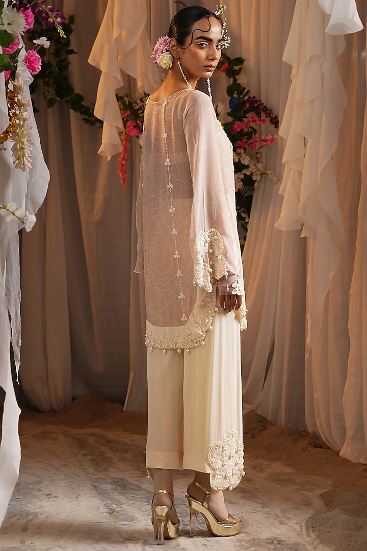 Ivory & Rosy Brown Organza Pearl Embroidered Kurta Set by Shwetanga at Pernia's Pop Up Shop