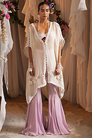 Ivory & Lavender Organza Kaftan Set by Shwetanga