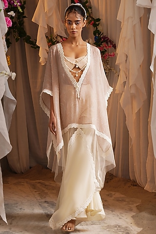Ivory & Rosy Brown Organza Printed Kaftan Set by Shwetanga
