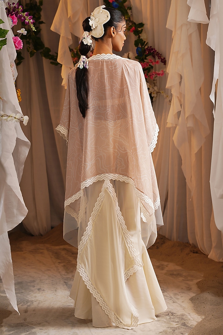 Ivory & Rosy Brown Organza Printed Kaftan Set by Shwetanga at Pernia's Pop Up Shop