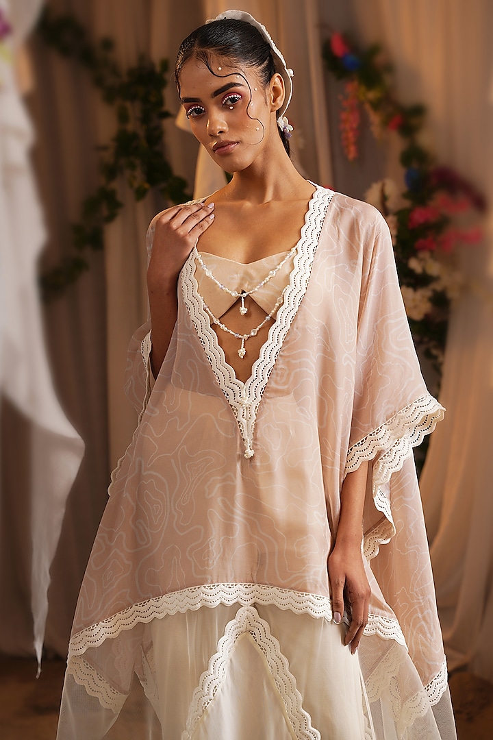 Ivory & Rosy Brown Organza Printed Kaftan Set by Shwetanga at Pernia's Pop Up Shop