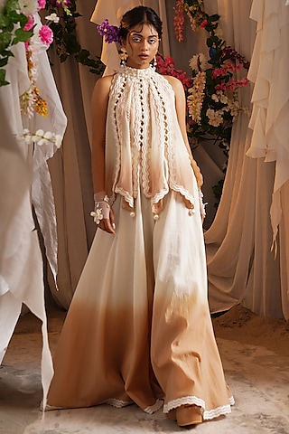 Ivory & Rosy Brown Ombre Cotton Palazzo Pant Set by Shwetanga
