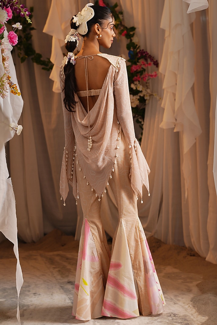 Ivory & Rosy Brown Organza Paneled Party Wear Sharara Set by Shwetanga at Pernia's Pop Up Shop