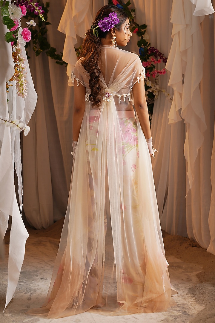Ivory & Multi-Colored Ombre Organza Draped Cape Set by Shwetanga at Pernia's Pop Up Shop