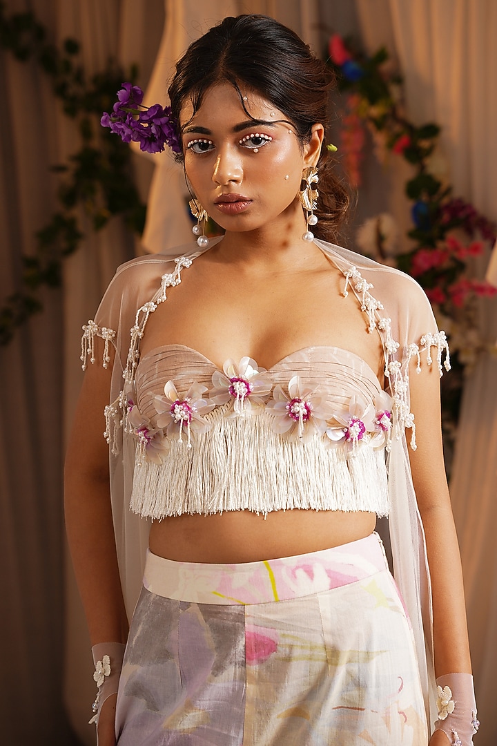 Ivory & Multi-Colored Ombre Organza Draped Cape Set by Shwetanga at Pernia's Pop Up Shop