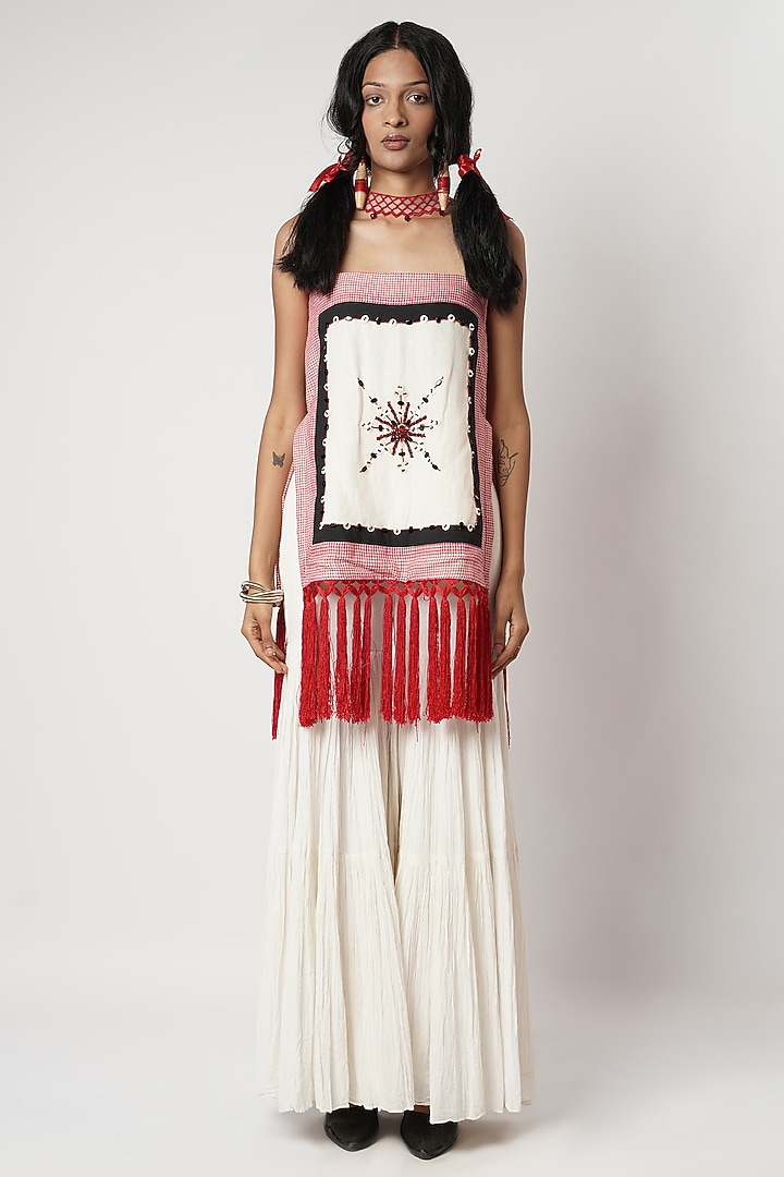 Ivory Linen & Cotton Fringed Gahered Wedding Sharara Set by Shwetanga at Pernia's Pop Up Shop