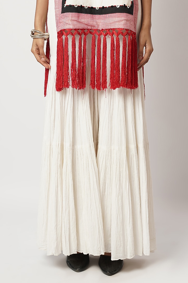 Ivory Linen & Cotton Fringed Gahered Wedding Sharara Set by Shwetanga at Pernia's Pop Up Shop