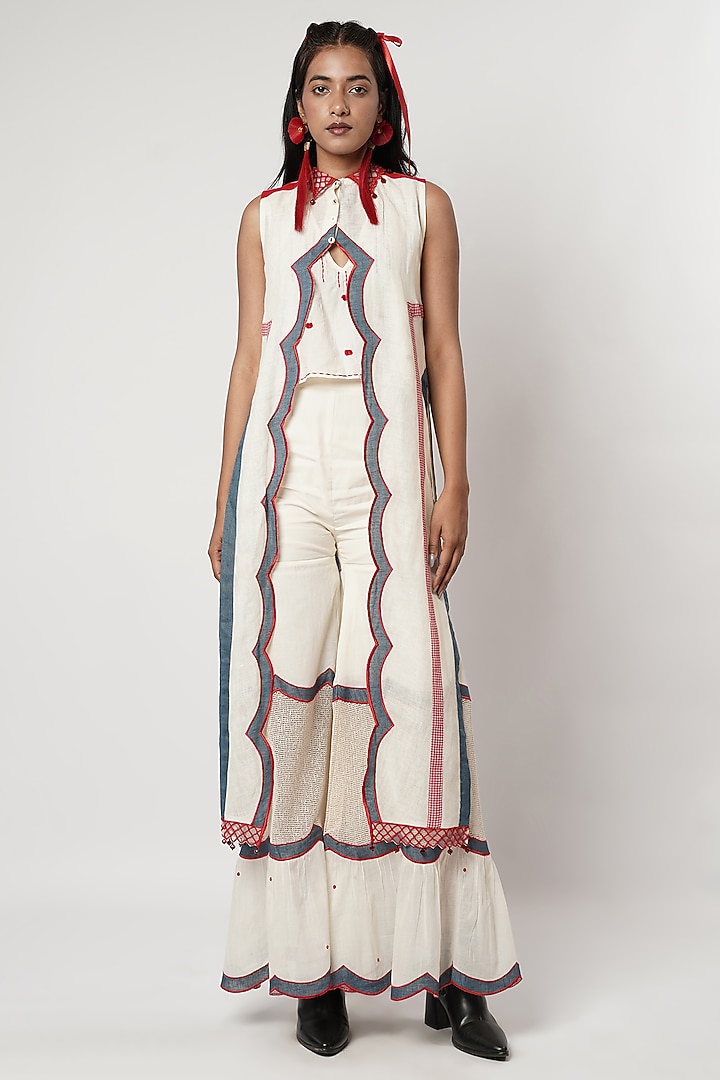 Multi-Colored Linen & Cotton Scalloped Wedding Sharara Set by Shwetanga at Pernia's Pop Up Shop