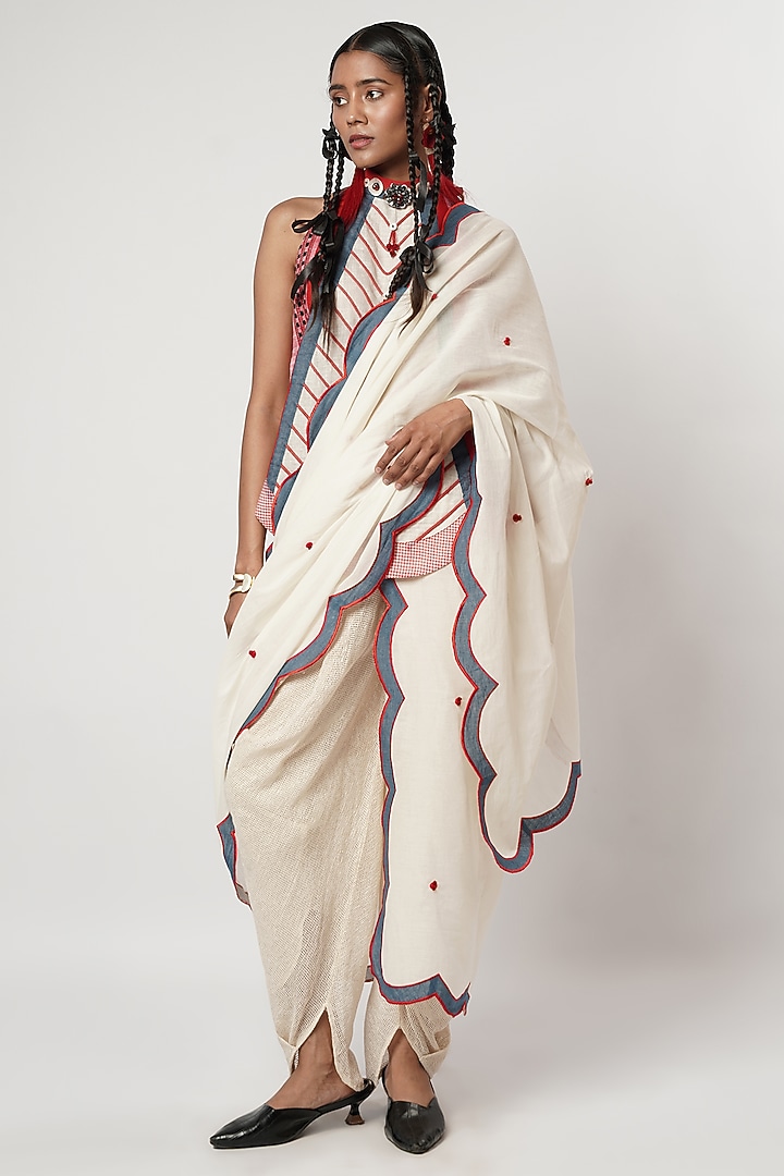 Ivory Cotton Scalloped Dhoti Wedding Saree Set by Shwetanga at Pernia's Pop Up Shop