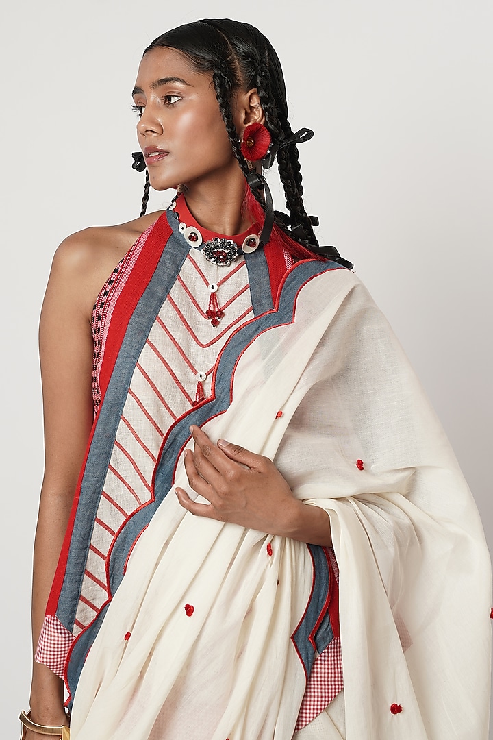 Ivory Cotton Scalloped Dhoti Wedding Saree Set by Shwetanga at Pernia's Pop Up Shop